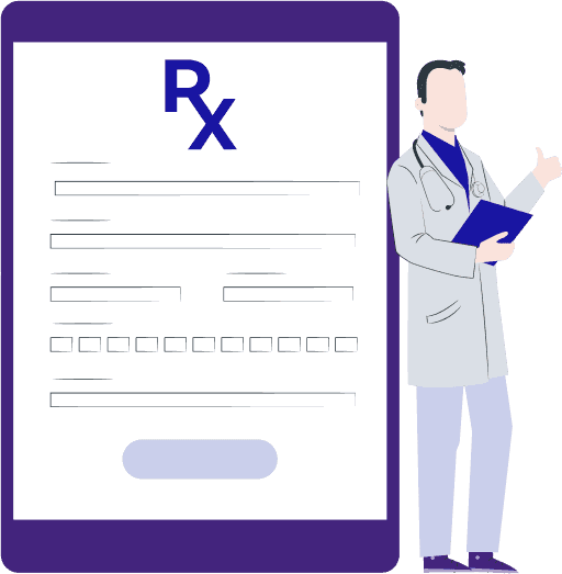Doctor standing next to prescription and giving thumbs up sign.